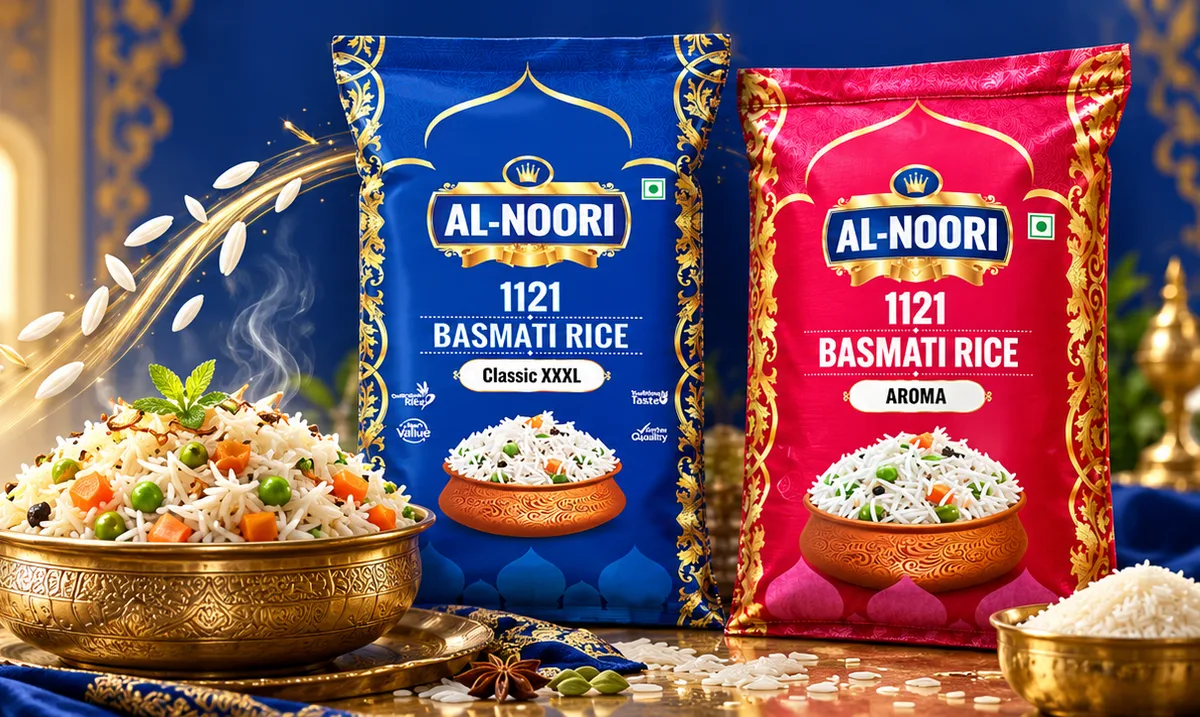 A bowl of AL-NOORI basmati pulao with Classic XXXL and Aroma rice bags